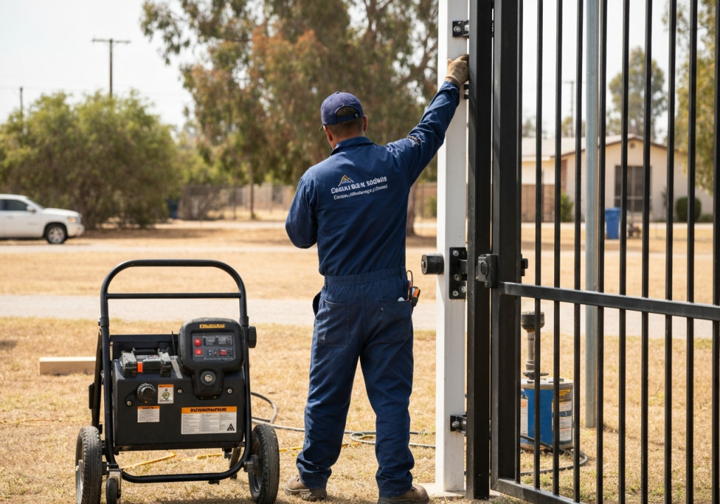 Technician installing gate with generator for gate installation service.